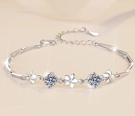 Sterling Silver Moissanite Twin Flower Link Bracelet, detail view 2