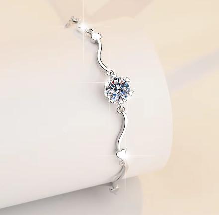 Sterling Silver Moissanite Flower Wave Link Bracelet, detail view 2