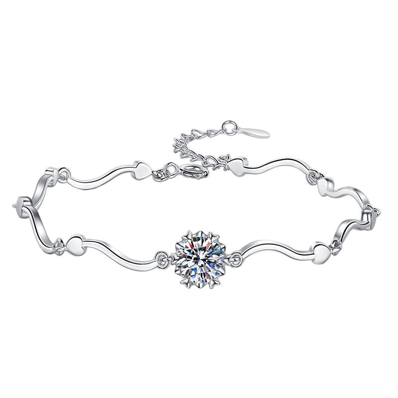 Sterling Silver Moissanite Flower Wave Link Bracelet, front view