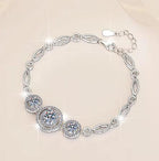Sterling Silver Moissanite Three Halo Link Bracelet, detail view 2