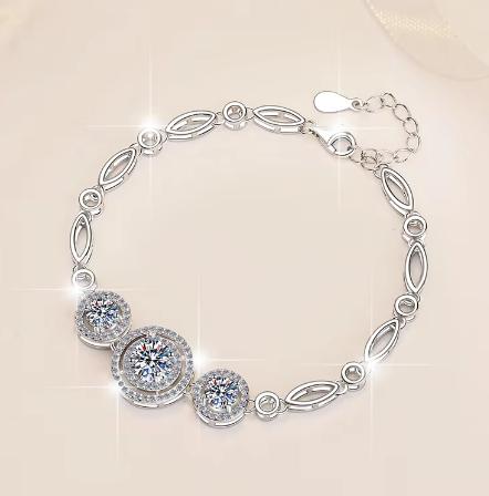 Sterling Silver Moissanite Three Halo Link Bracelet, detail view 2