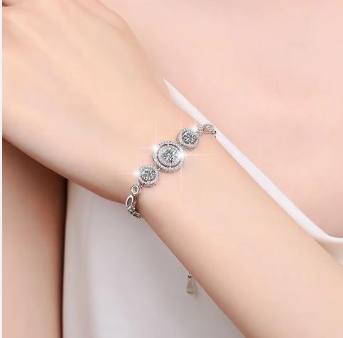 Sterling Silver Moissanite Three Halo Link Bracelet, detail view 3