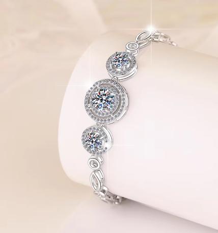 Sterling Silver Moissanite Three Halo Link Bracelet, detail view 1