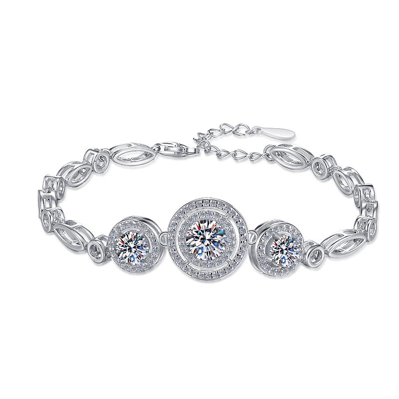 Sterling Silver Moissanite Three Halo Link Bracelet, front view