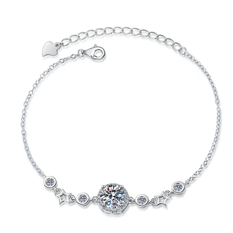 Sterling Silver Moissanite Round Halo Beaded Chain Bracelet, front view