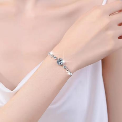 Sterling Silver Moissanite Round Halo Beaded Chain Bracelet, detail view 3