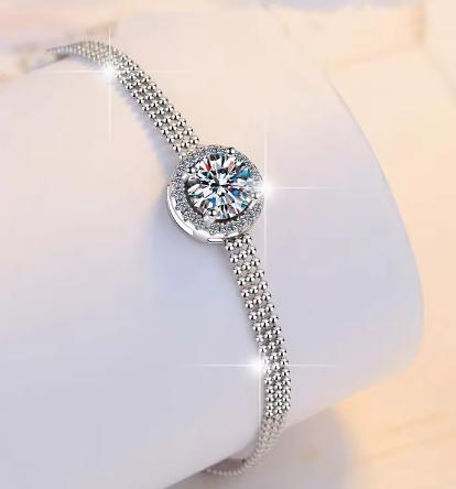 Sterling Silver Moissanite Round Solitaire Snake Chain Bracelet, detail view 2