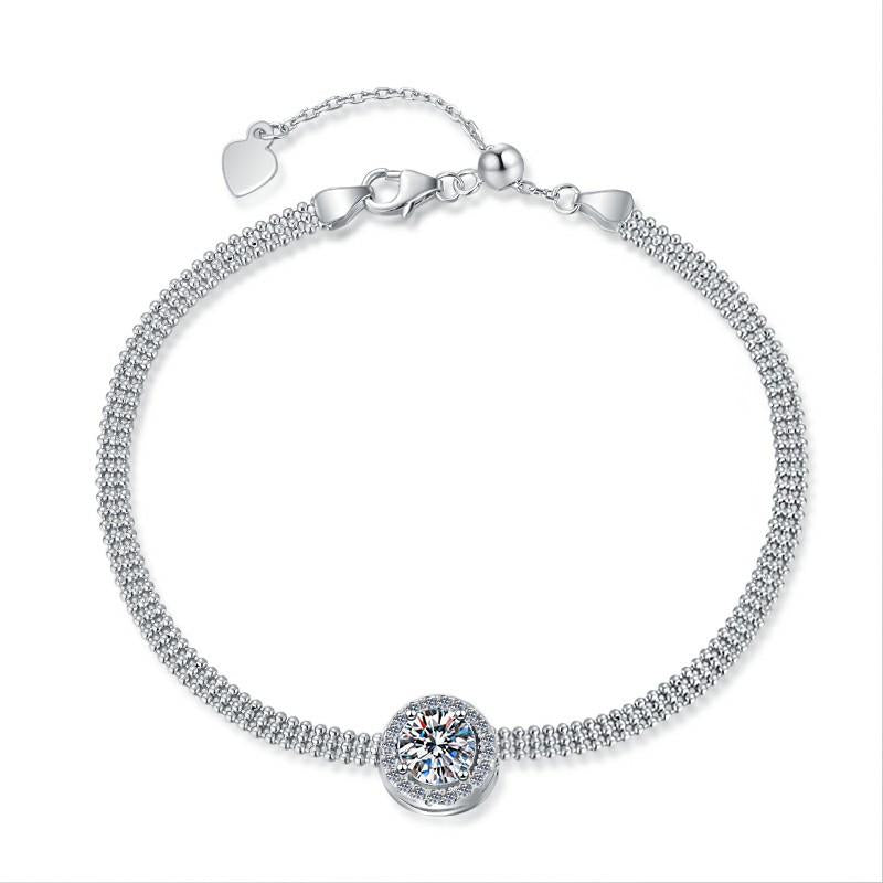 Sterling Silver Moissanite Round Solitaire Snake Chain Bracelet, front view