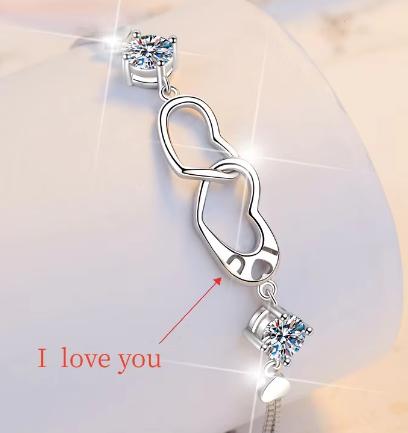 Sterling Silver Moissanite Heart and Flower Link Bracelet, detail view 2