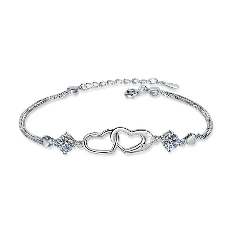 Sterling Silver Moissanite Heart and Flower Link Bracelet, front view