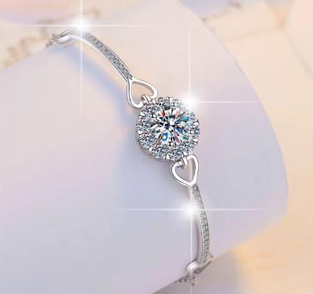 Sterling Silver Moissanite Halo Slider Chain Bracelet, detail view 2