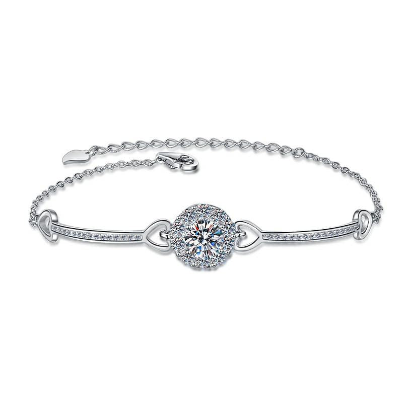 Sterling Silver Moissanite Halo Slider Chain Bracelet, front view