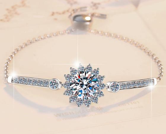 Sterling Silver Moissanite Flower Halo Slider Tennis Bracelet, detail view 2