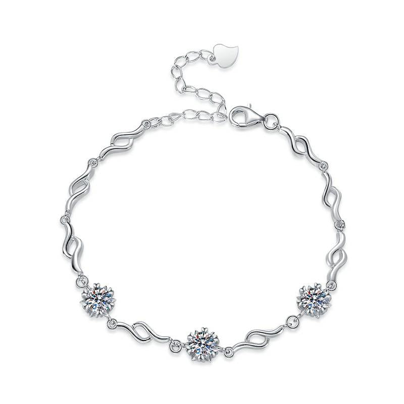 Sterling Silver Moissanite Triple Flower Station Bracelet, front view
