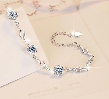 Sterling Silver Moissanite Triple Flower Station Bracelet, detail view 2
