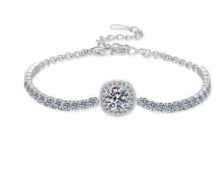 Sterling Silver Moissanite Halo Double Chain Bracelet, front view