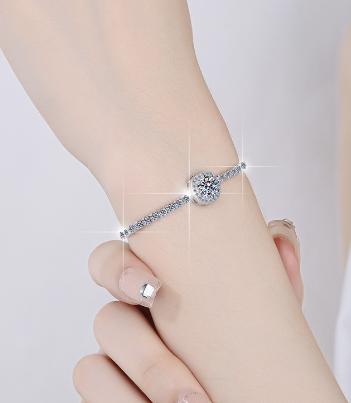 Sterling Silver Moissanite Halo Double Chain Bracelet, detail view 3