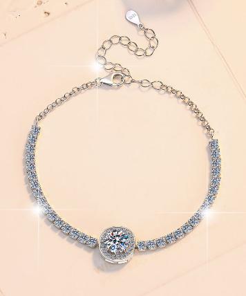 Sterling Silver Moissanite Halo Double Chain Bracelet, detail view 1