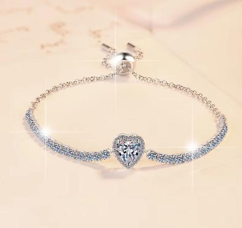 Sterling Silver Moissanite Heart Solitaire Slider Bracelet, detail view 1
