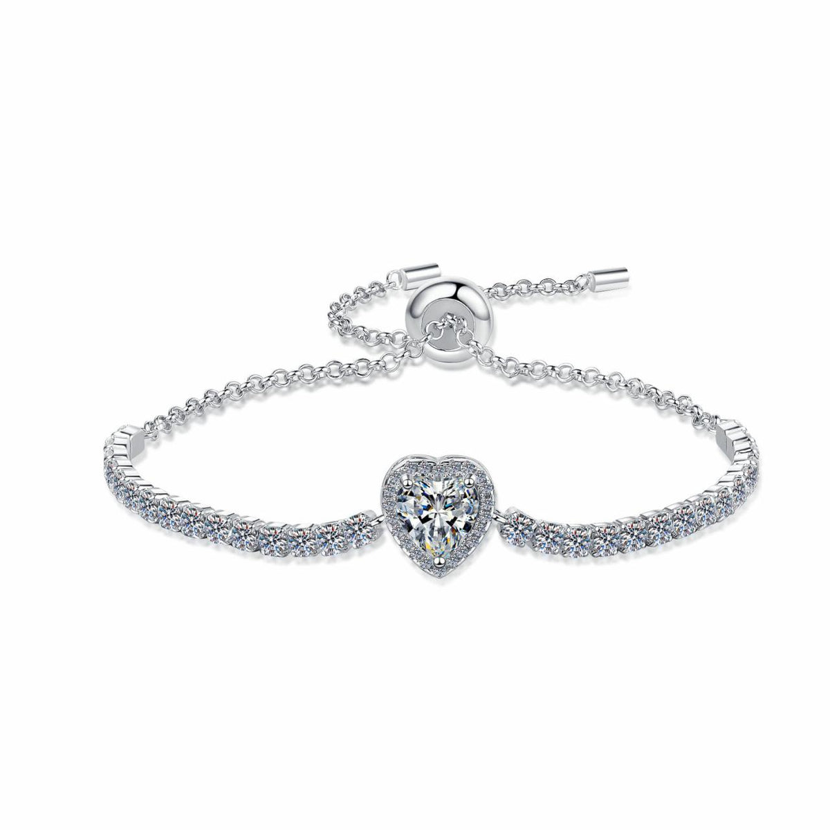 Sterling Silver Moissanite Heart Solitaire Slider Bracelet, front view