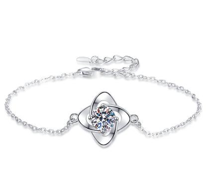Sterling Silver Moissanite Four Petal Flower Link Bracelet, front view