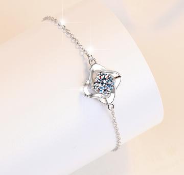 Sterling Silver Moissanite Four Petal Flower Link Bracelet, detail view 2