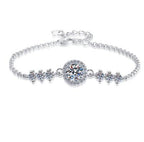 Sterling Silver Moissanite Flower Set Round Solitaire Bracelet, front view