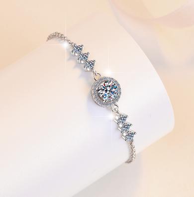 Sterling Silver Moissanite Flower Set Round Solitaire Bracelet, detail view 2