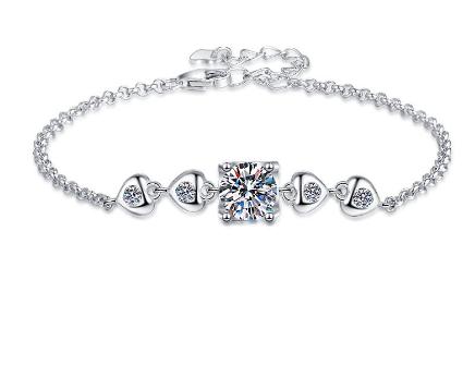 Sterling Silver Moissanite Square Stone Geometric Link Bracelet, front view