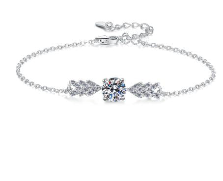 Sterling Silver Moissanite Square Solitaire Leaf Bracelet, front view