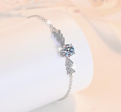 Sterling Silver Moissanite Square Solitaire Leaf Bracelet, detail view 2
