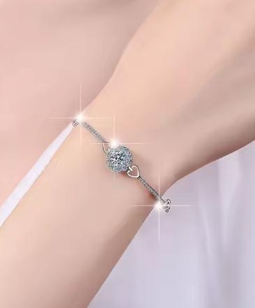 Sterling Silver Moissanite Halo Heart Double Chain Bracelet, detail view 3
