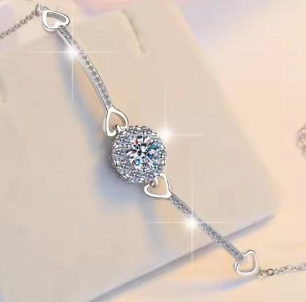 Sterling Silver Moissanite Halo Heart Double Chain Bracelet, detail view 2