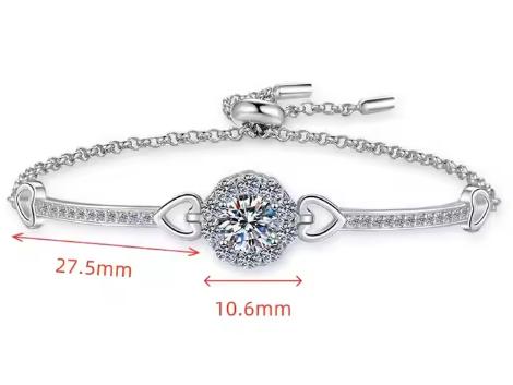 Sterling Silver Moissanite Halo Heart Double Chain Bracelet, front view