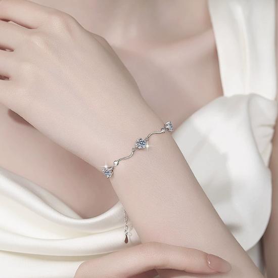 Sterling Silver Moissanite Three Flower Wave Bracelet, detail view 3