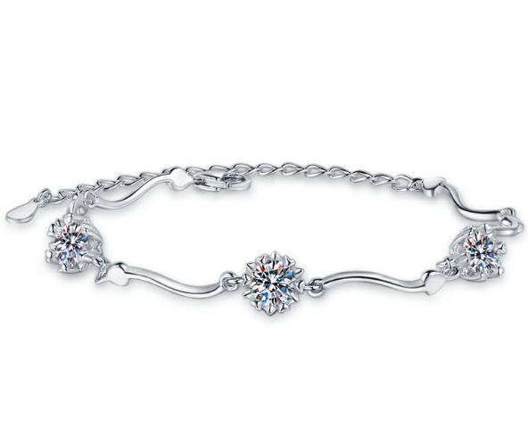Sterling Silver Moissanite Three Flower Wave Bracelet, front view