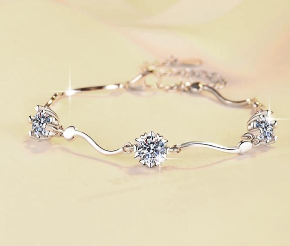 Sterling Silver Moissanite Three Flower Wave Bracelet, detail view 2