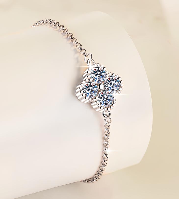 Sterling Silver Moissanite Clover Cluster Bracelet, detail view 3