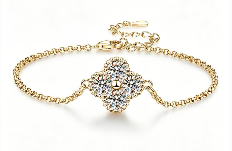 Sterling Silver Moissanite Clover Cluster Bracelet, detail view 1