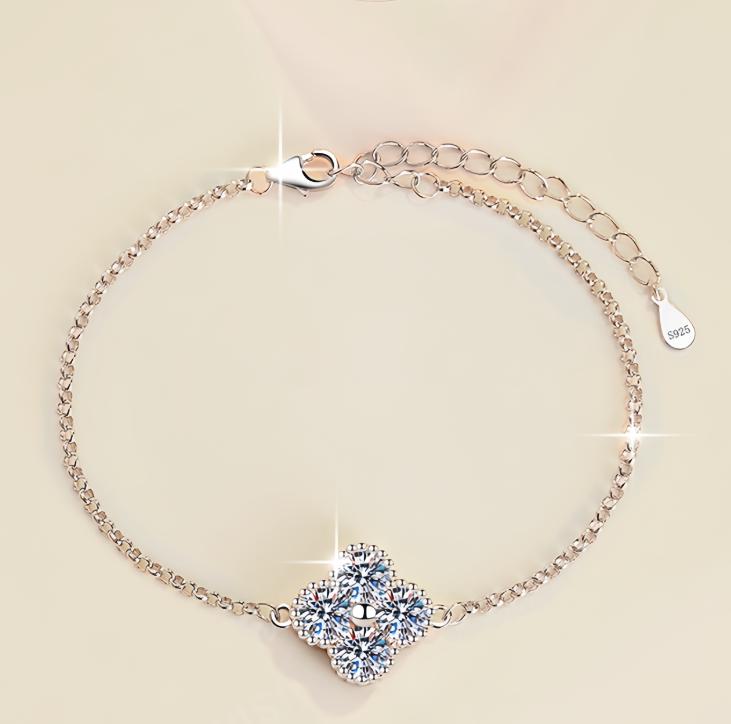 Sterling Silver Moissanite Clover Cluster Bracelet, detail view 2