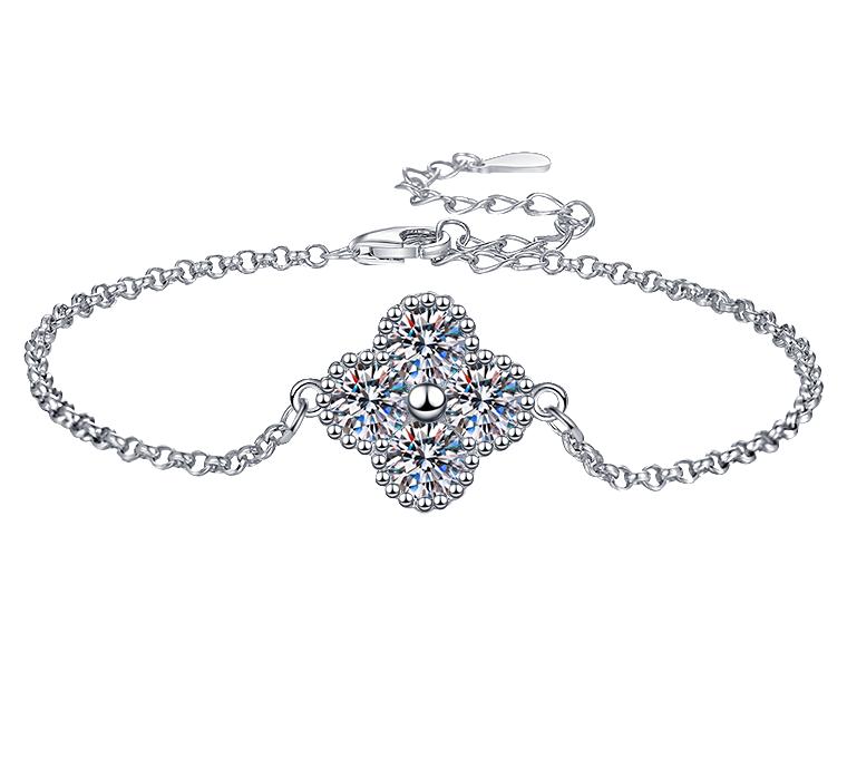 Sterling Silver Moissanite Clover Cluster Bracelet, front view