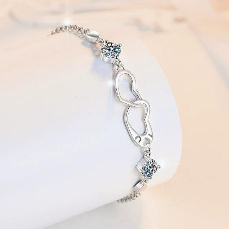 Sterling Silver Moissanite Twin Flower Heart Link Bracelet, detail view 2