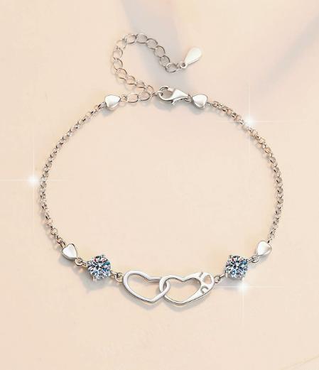 Sterling Silver Moissanite Twin Flower Heart Link Bracelet, detail view 1