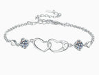 Sterling Silver Moissanite Twin Flower Heart Link Bracelet, front view