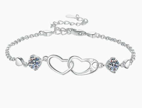 Sterling Silver Moissanite Twin Flower Heart Link Bracelet, front view