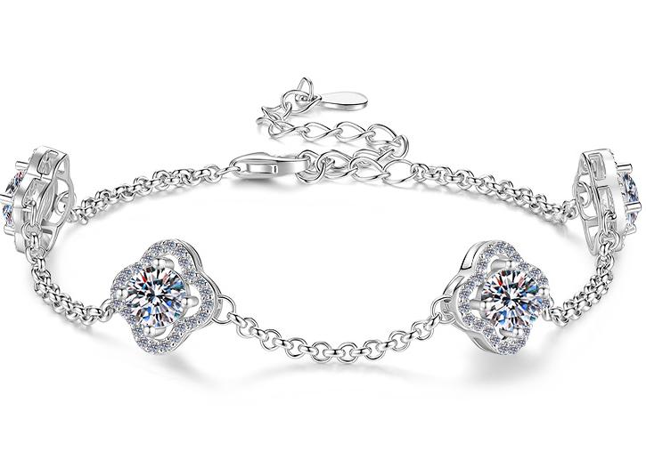 Sterling Silver Moissanite Four Clover Link Bracelet, detail view 2