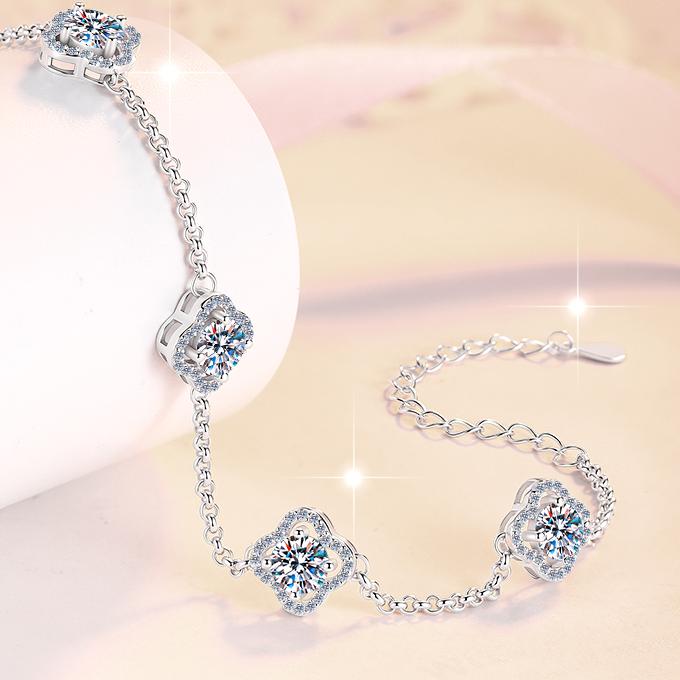 925 Sterling Silver Moissanite Four Clover Link Bracelet