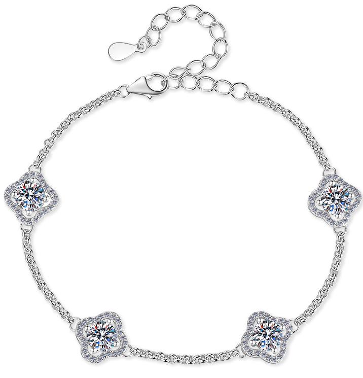 Sterling Silver Moissanite Four Clover Link Bracelet, front view