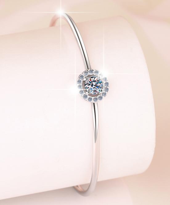 Sterling Silver Moissanite Round Solitaire Open Bangle Bracelet, detail view 2