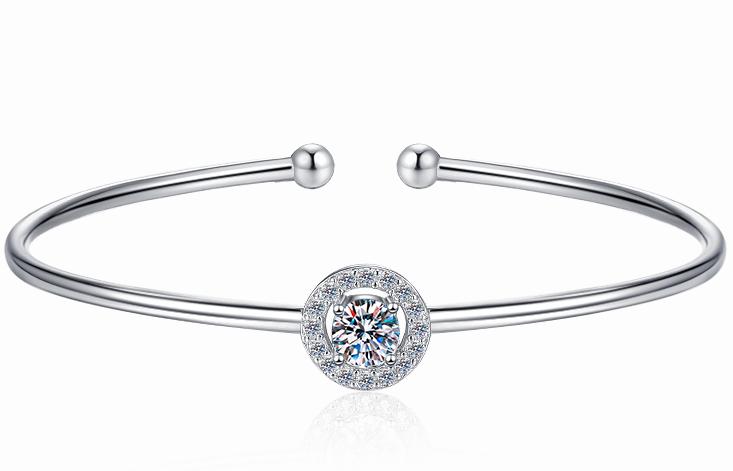 Sterling Silver Moissanite Round Solitaire Open Bangle Bracelet, front view